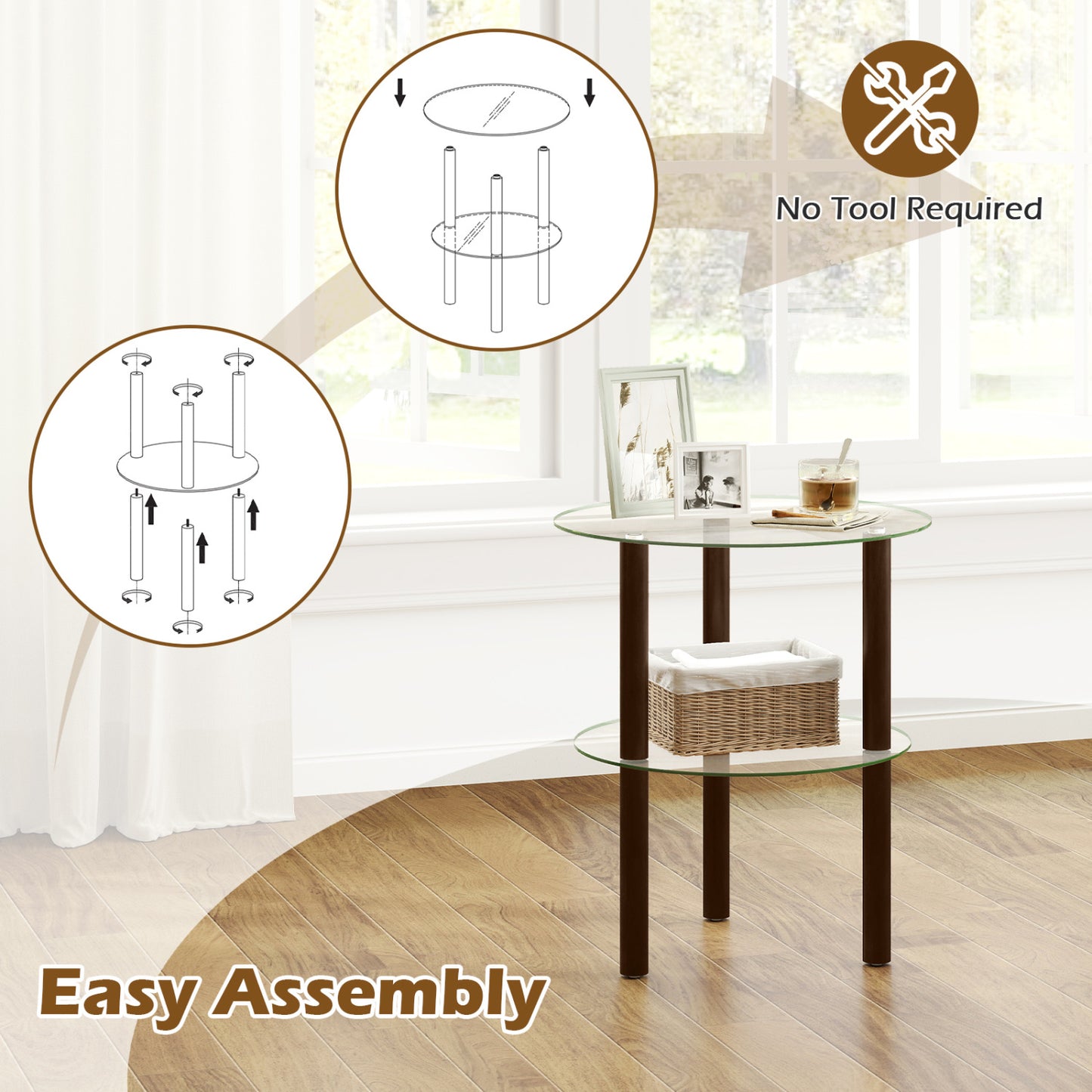 2-Tier Round End Table, Clear Glass Top & Shelf, Brown End & Side Tables at Gallery Canada