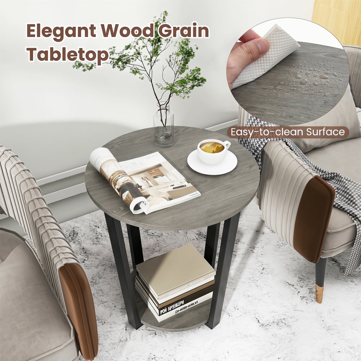 2-Tier Round End Table with Storage Shelf and Metal Frame, Oak End & Side Tables at Gallery Canada