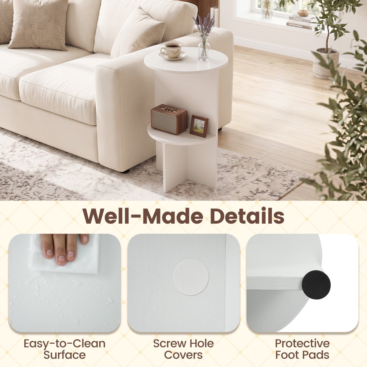 2-Tier Round Side Table with Storage Shelf, White End & Side Tables at Gallery Canada