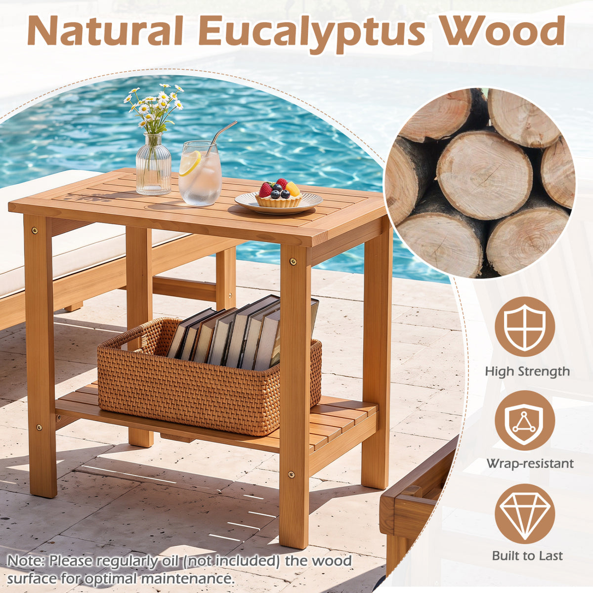2-Tier Wood Patio End Table, Slatted Tabletop, Storage Shelf End & Side Tables at Gallery Canada