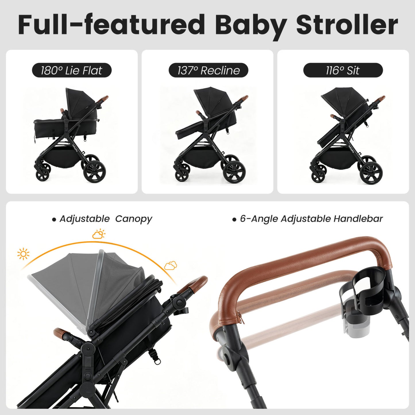2-in-1 Convertible Baby Stroller with Car Seat Adapters, Black Baby Strollers at Gallery Canada