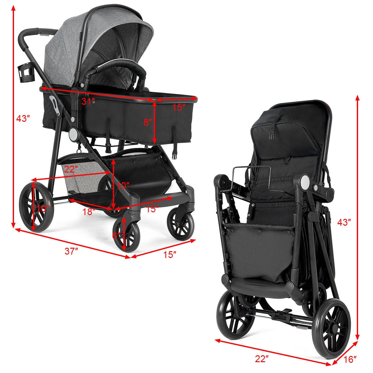 2 In 1 Foldable Newborn Baby Stroller, Gray Baby Strollers at Gallery Canada