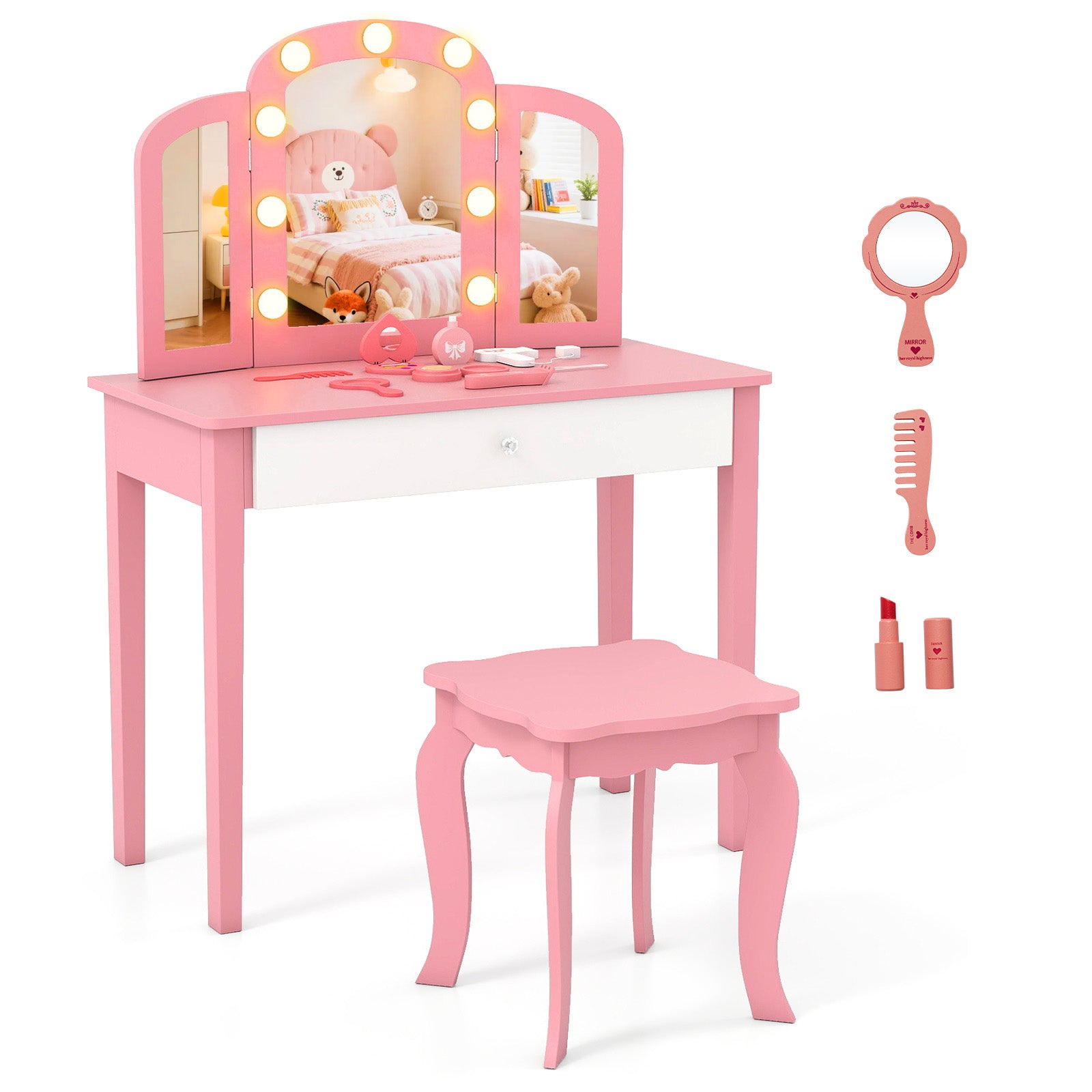 Kids Vanity Table Set, Tri-Folding Mirror With Lights, Pink Kids Vanities Pink at Gallery Canada