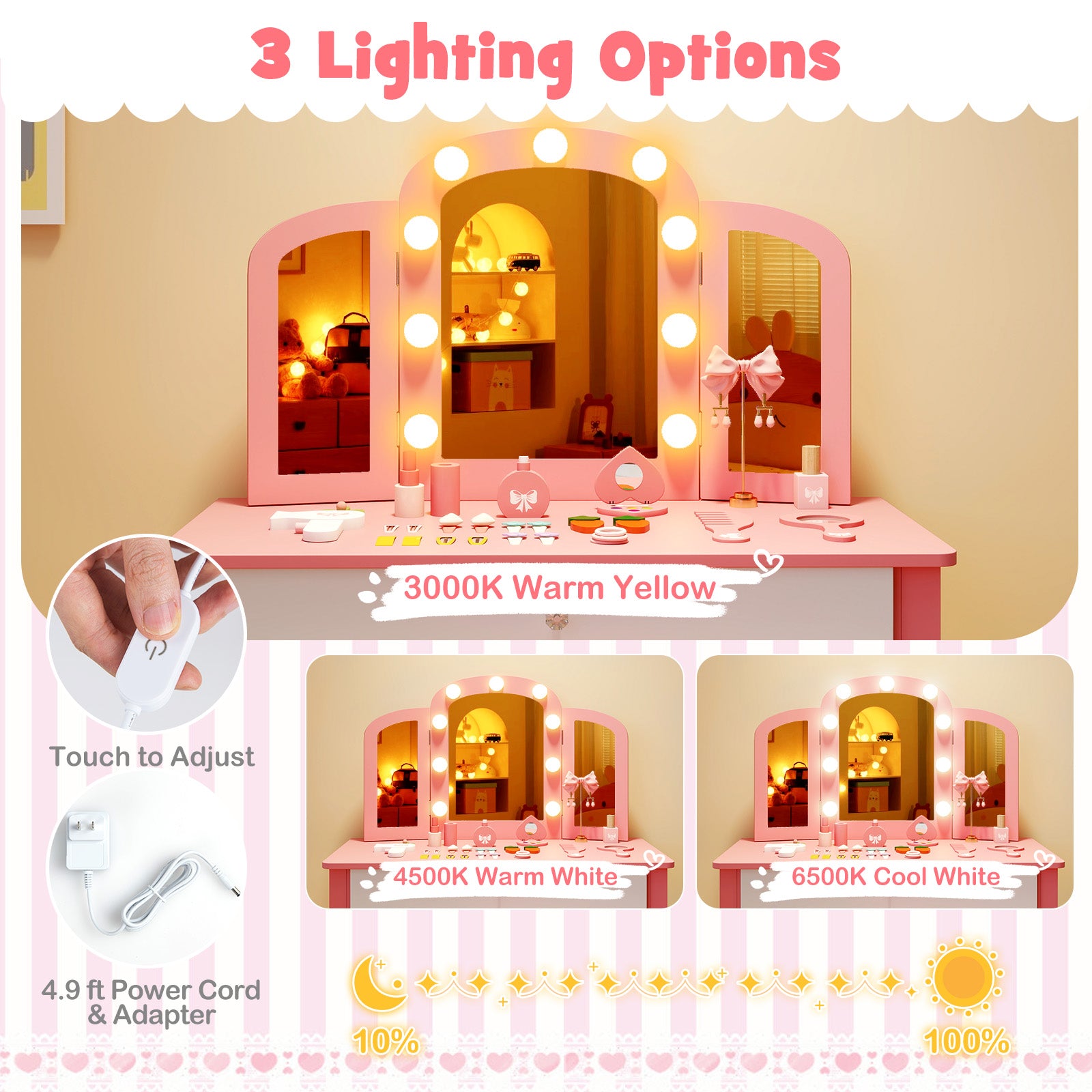 Kids Vanity Table Set, Tri-Folding Mirror With Lights, Pink Kids Vanities at Gallery Canada