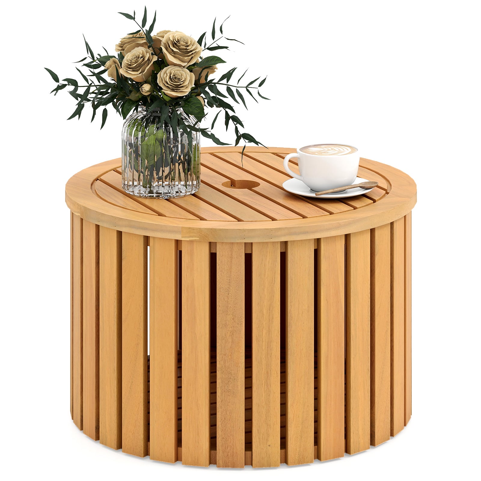 2-in-1 Outdoor Side Table with Storage Acacia Wood Slatted Coffee Table Round Slatted End Storage Box Patio Coffee Tables Options at Gallery Canada