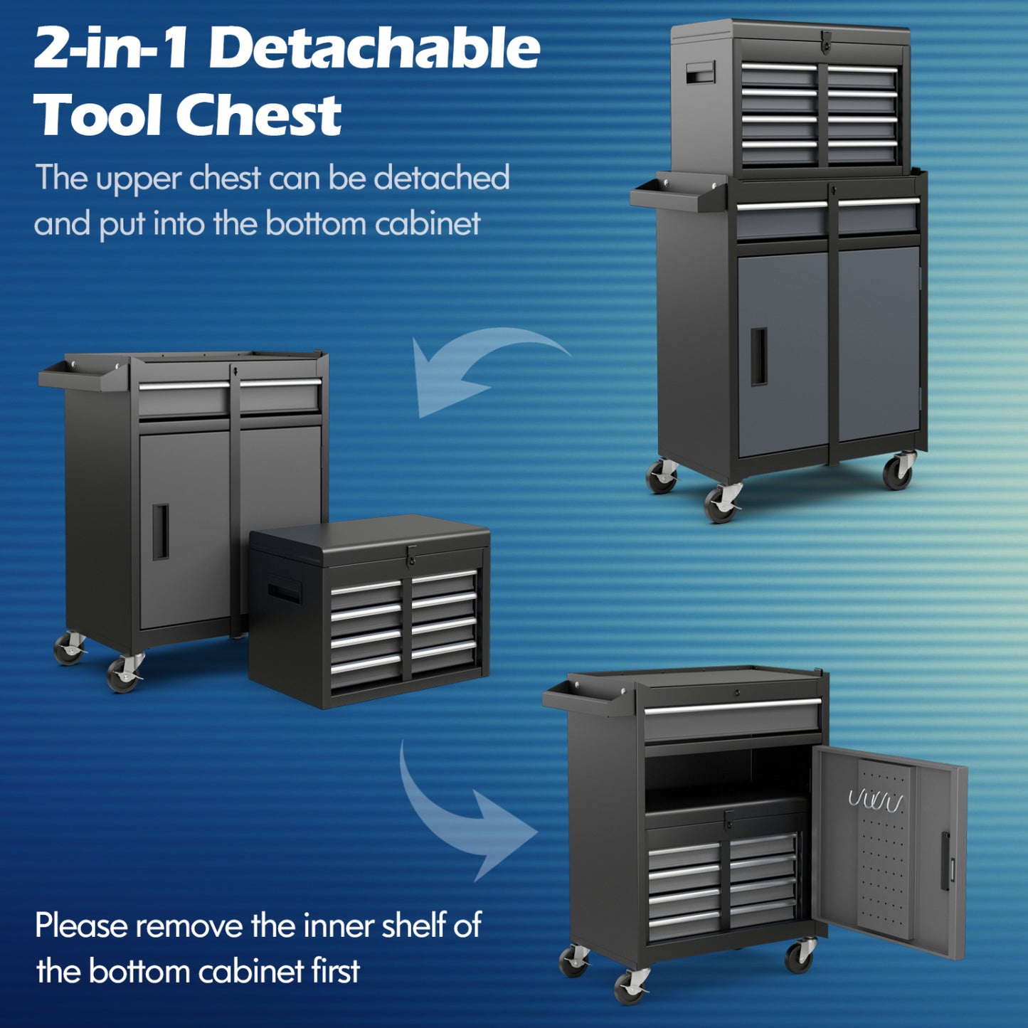 2-In-1 Rolling Tool Chest, 5 Sliding Lockable Drawers, Gray, Black Garages at Gallery Canada