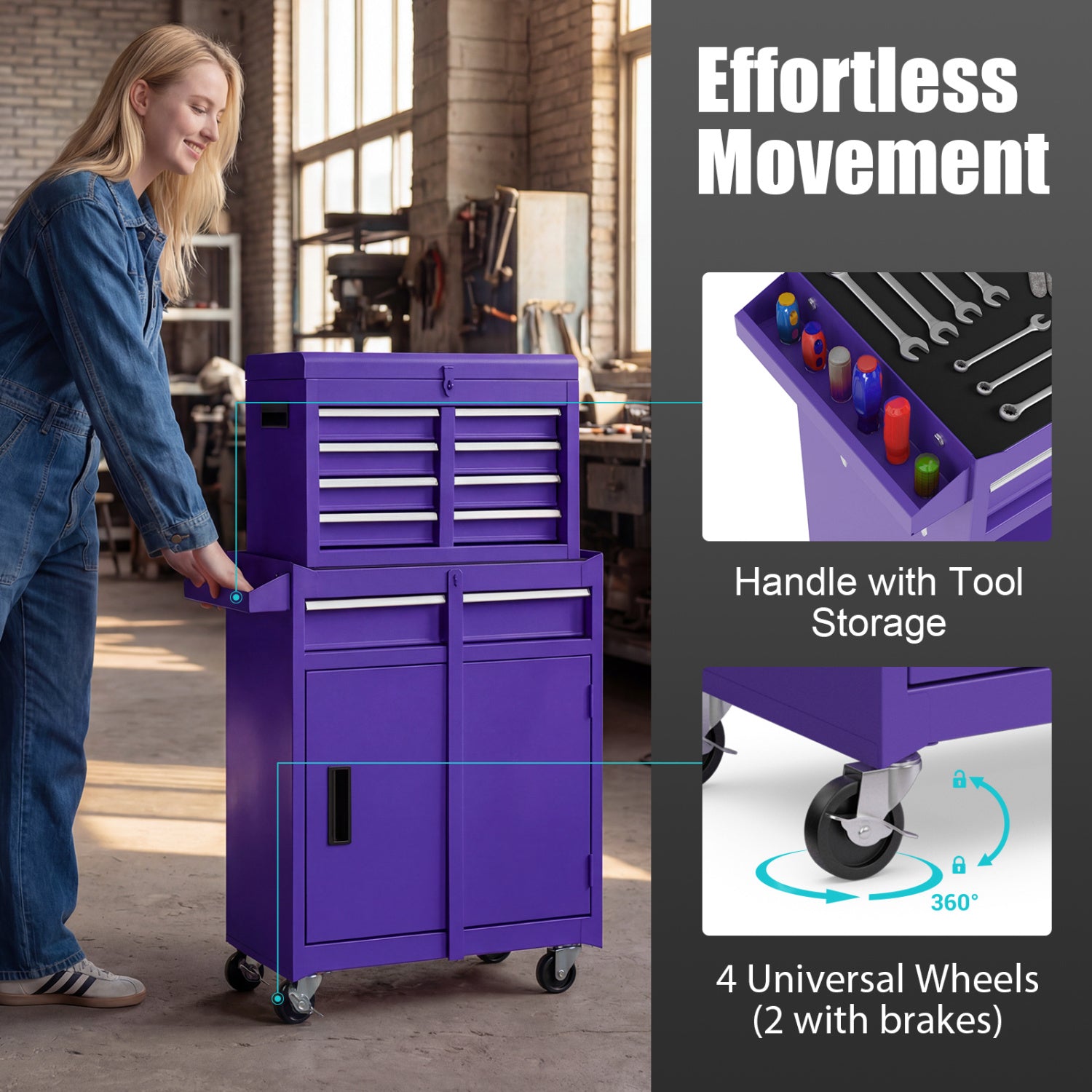 2-in-1 Rolling Tool Chest with 5 Sliding Lockable Drawers, Purple Garages at Gallery Canada