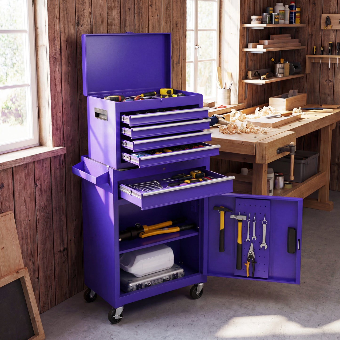 2-in-1 Rolling Tool Chest with 5 Sliding Lockable Drawers, Purple Garages at Gallery Canada
