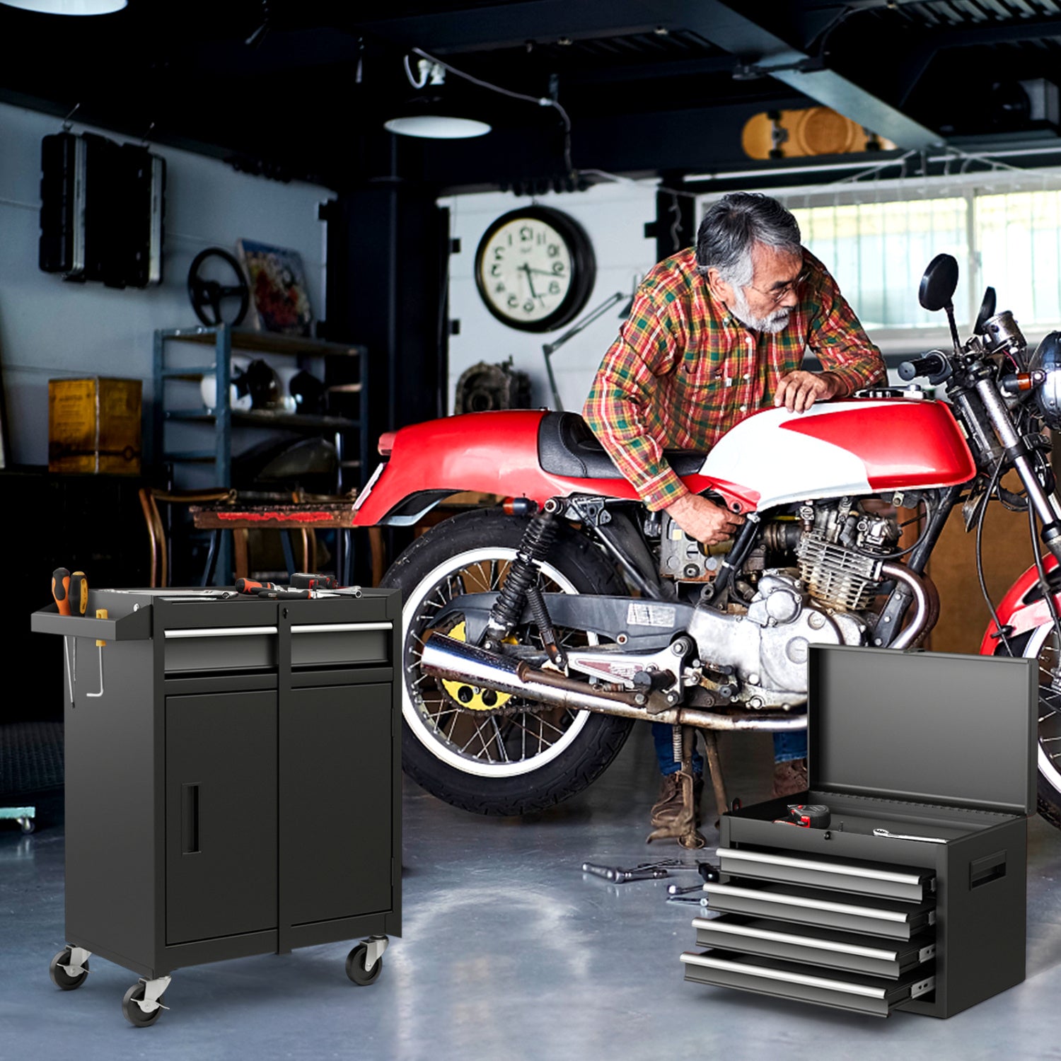 2-in-1 Tool Chest Cabinet, 5 Sliding Drawers, Black Garages at Gallery Canada