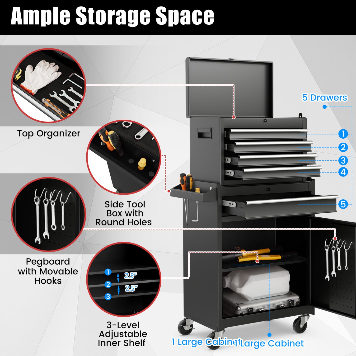 2-in-1 Tool Chest Cabinet, 5 Sliding Drawers, Black Garages at Gallery Canada