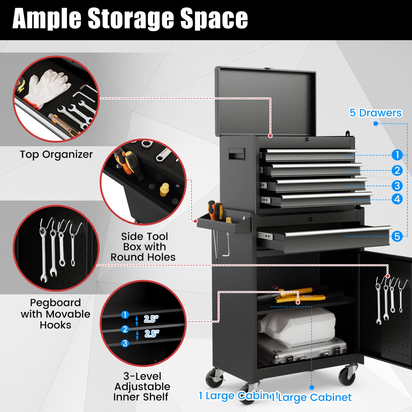 2-in-1 Tool Chest Cabinet, 5 Sliding Drawers, Black Garages at Gallery Canada