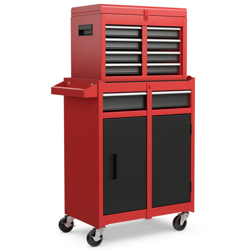 2-in-1 Tool Chest Cabinet, 5 Sliding Drawers, Red, Black