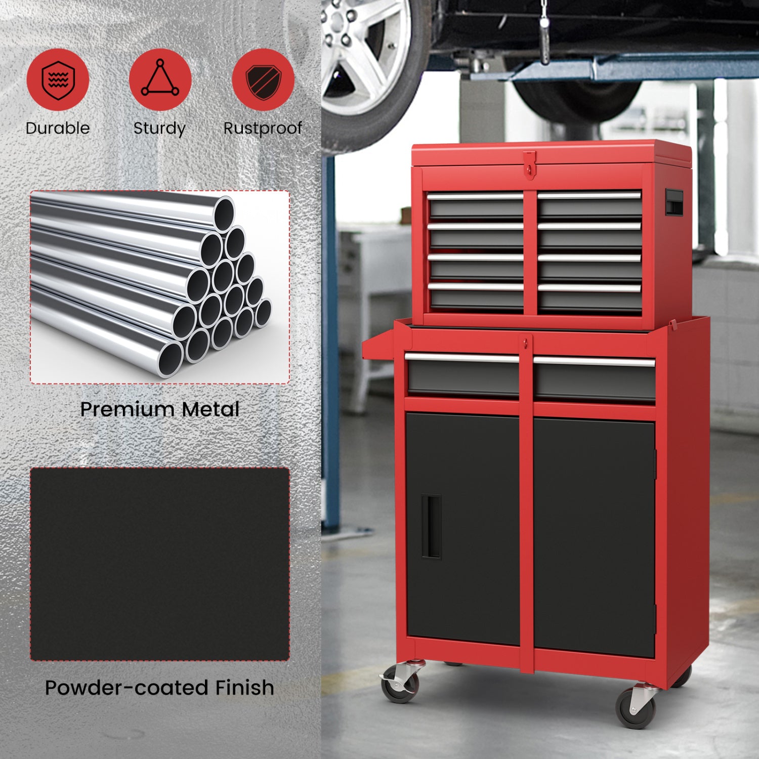 2-in-1 Tool Chest Cabinet, 5 Sliding Drawers, Red, Black Garages at Gallery Canada