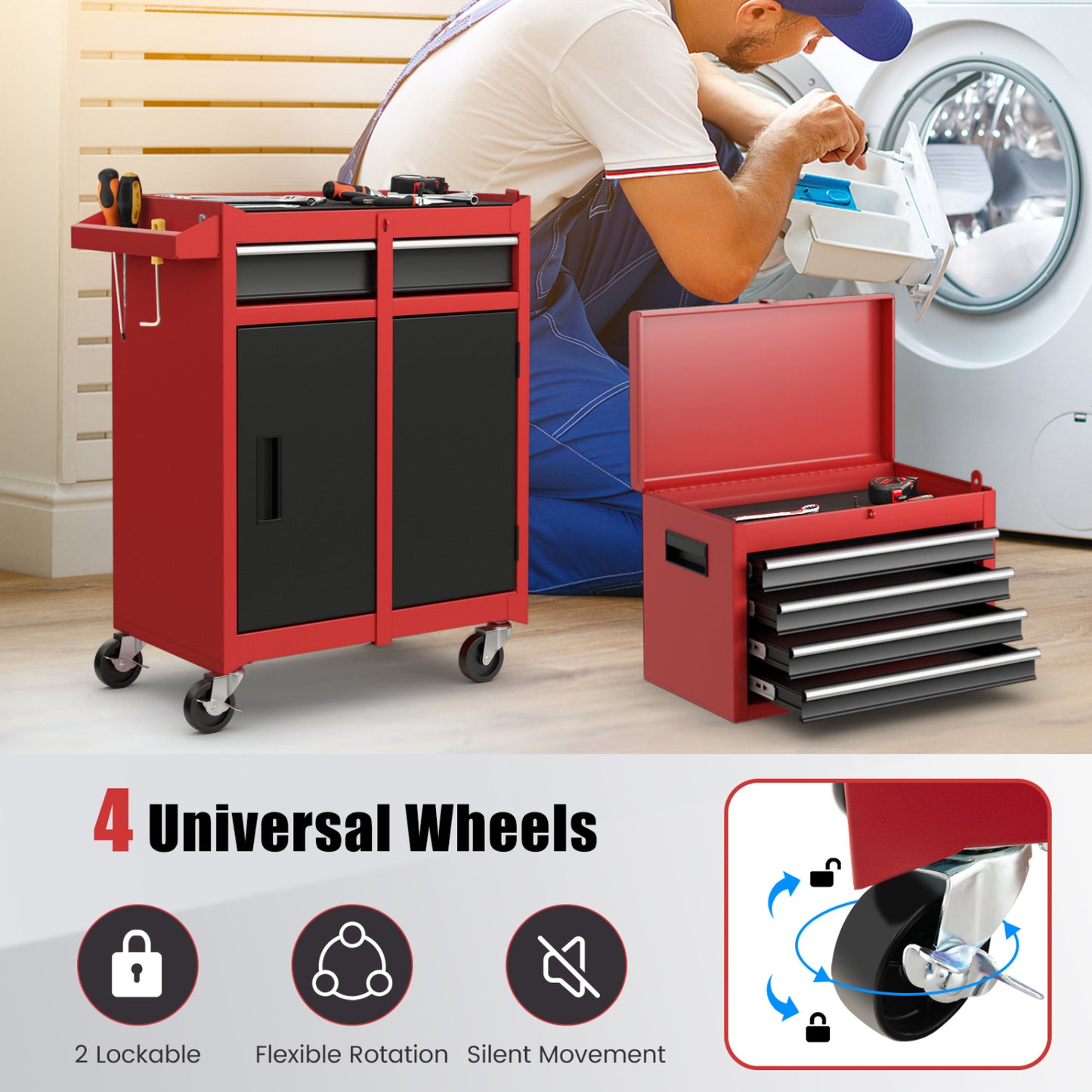 2-in-1 Tool Chest Cabinet, 5 Sliding Drawers, Red, Black Garages at Gallery Canada