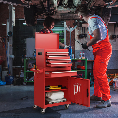 2-in-1 Tool Chest Cabinet, 5 Sliding Drawers, Red