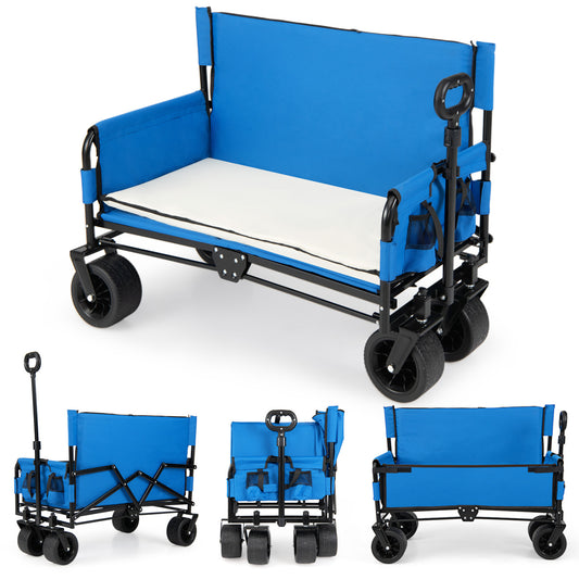 2-in-1 Wagon Bench Seat Combo, Collapsible Beach Cart, Blue Camping Furniture Blue at Gallery Canada