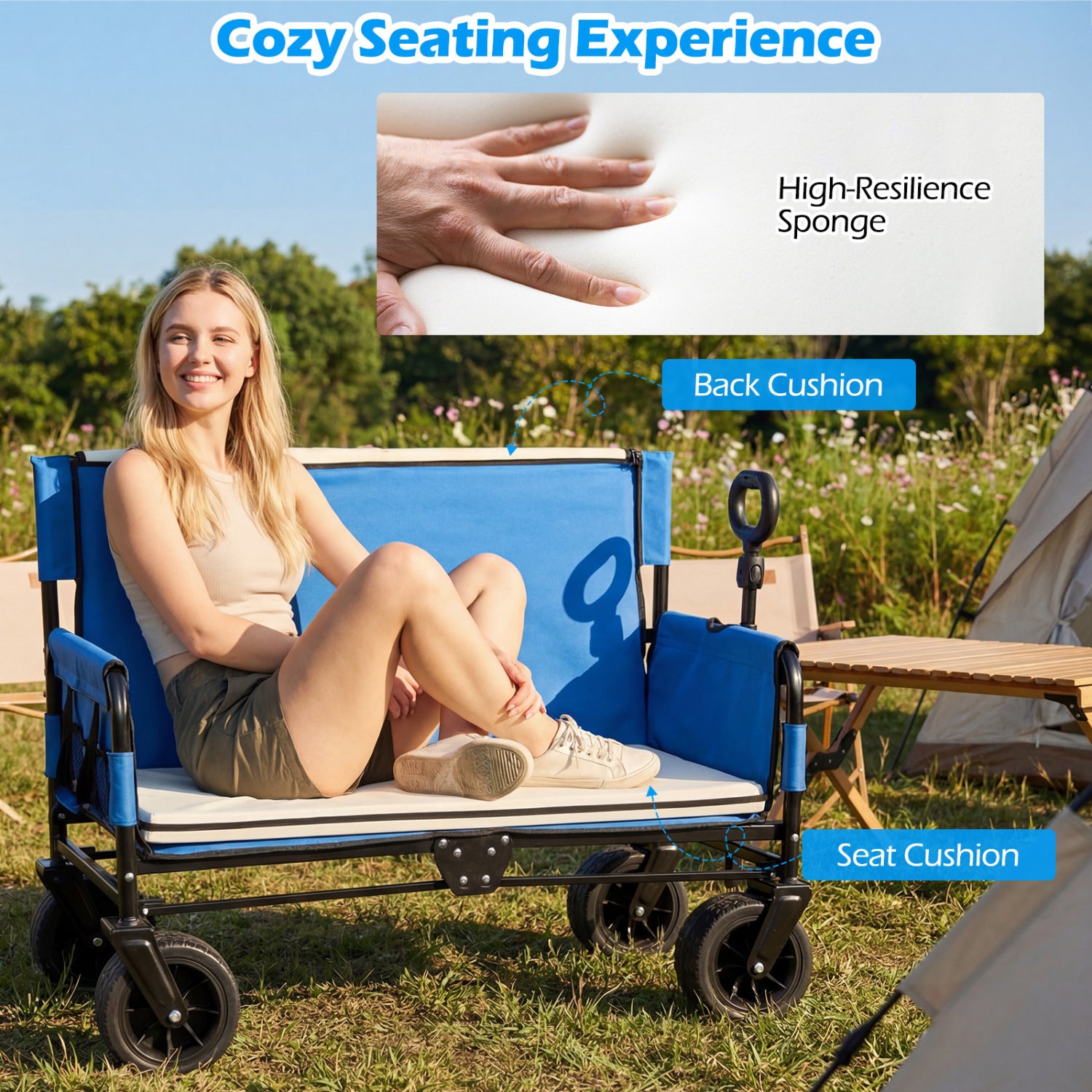 2-in-1 Wagon Bench Seat Combo, Collapsible Beach Cart, Blue Camping Furniture at Gallery Canada