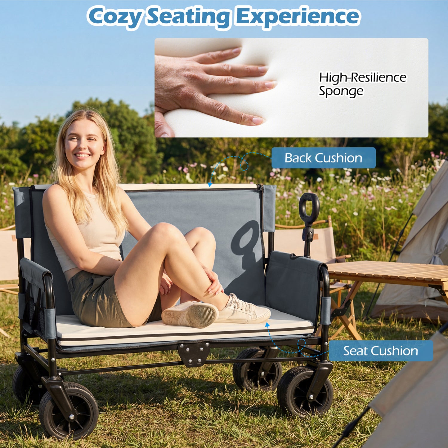 2-in-1 Wagon Bench Seat Combo, Collapsible Beach Cart, Gray Camping Furniture at Gallery Canada