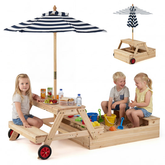 2-In-1 Wooden Sandbox With Umbrella Picnic Table, Blue Picnic Tables Blue at Gallery Canada