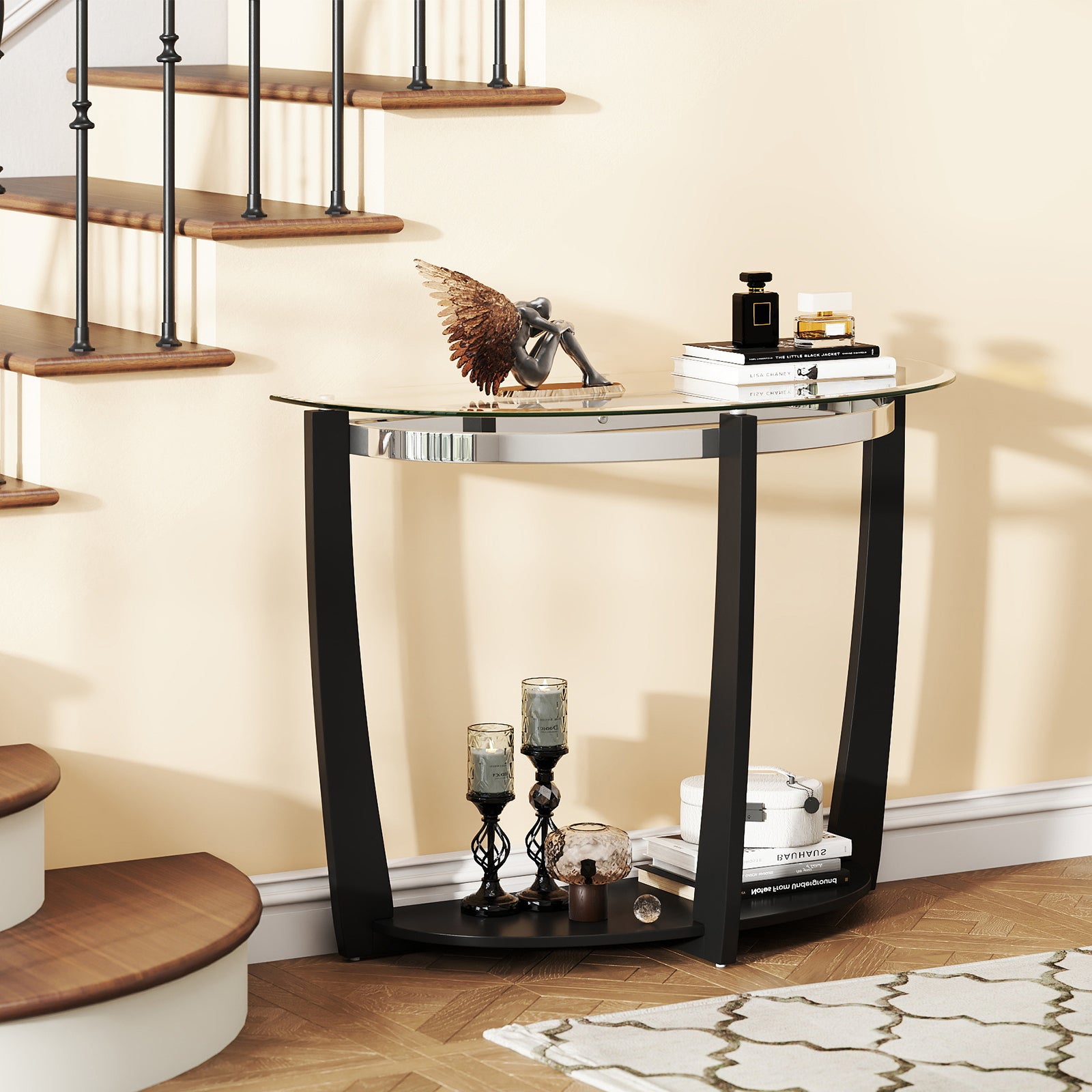 2-tier Tempered Glass Console Table with Clear Glass Top and Open Shelf, Black End & Side Tables at Gallery Canada