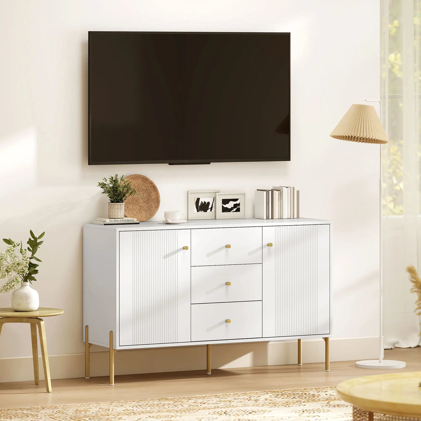Buffet Cabinet, Modern Sideboard with 3 Drawers and 2 Shelves, White Storage Cabinets at Gallery Canada