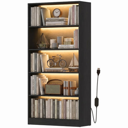5-Tier Bookshelf With LED Lights, Cable Holes, Black Wood Grain Display Bookshelves Black Wood Grain at Gallery Canada