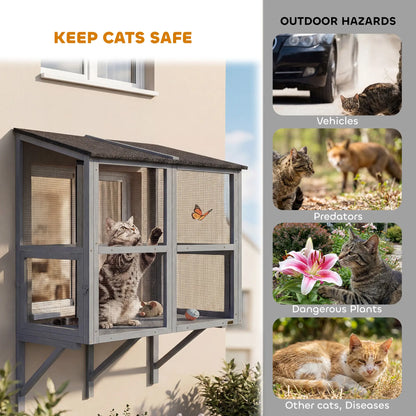 Outdoor Cat Enclosure, Wall-Mounted 2-Level Cat House, Waterproof Roof, 51.2", Grey Outdoor Cat Enclosures at Gallery Canada