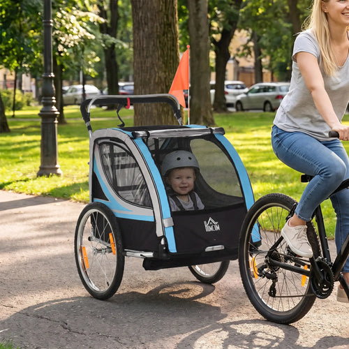2 Seat Bike Trailer, Double Jogging Stroller, Handbrake, Rubber Wheels, Blue