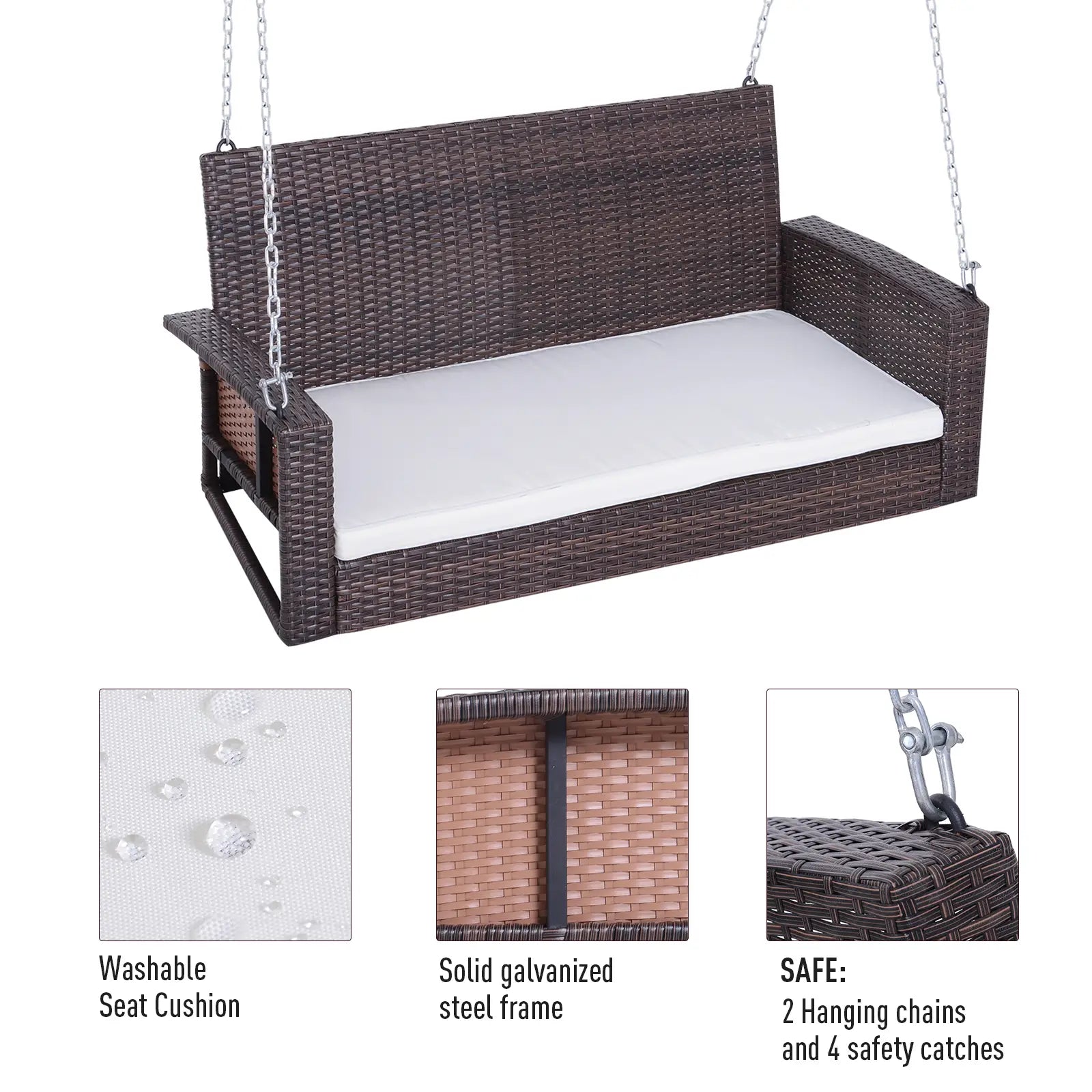 2-Person Patio Swing, Outdoor Rattan Hanging Bench with Cushion, 7.2 ft, Beige Hanging Porch Swings at Gallery Canada