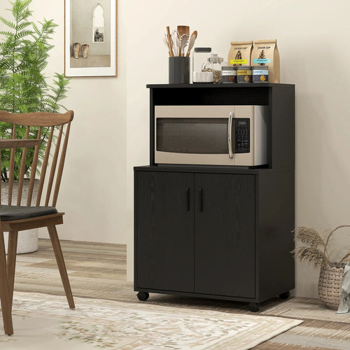 Microwave Cart on Wheels, 2-Door Cabinet, Black Wood Grain, Black