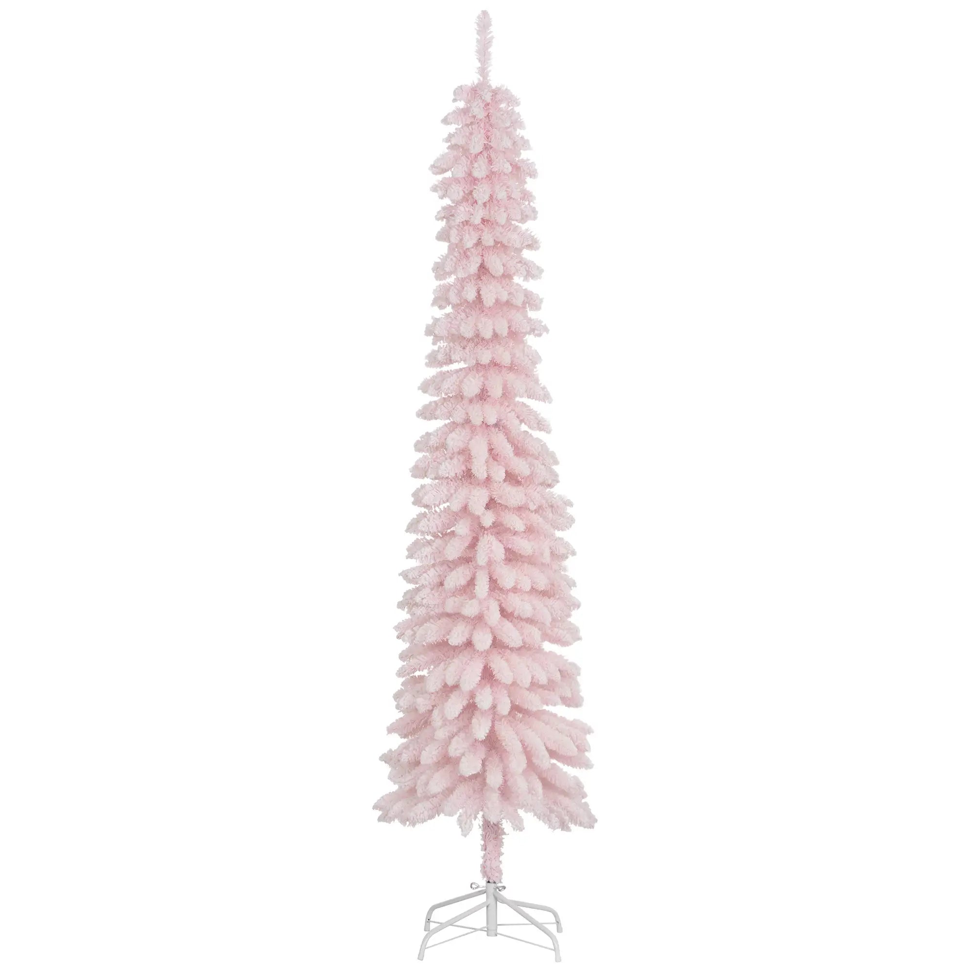 7ft Snow-Flocked Slim Pencil Christmas Tree, 490 Branches, Metal Base, Pink Flocked Christmas Trees at Gallery Canada