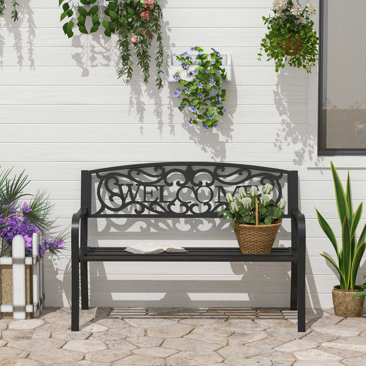 50" 2-Seater Garden Bench Patio Chair, Outdoor Furniture, Black Outdoor Benches at Gallery Canada