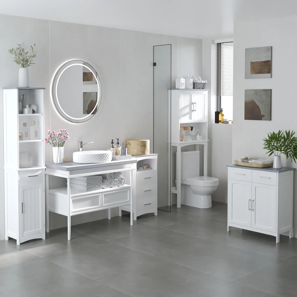 Small Bathroom Storage Cabinet, 3 Drawers, Open Shelf, White Bathroom Cabinets at Gallery Canada