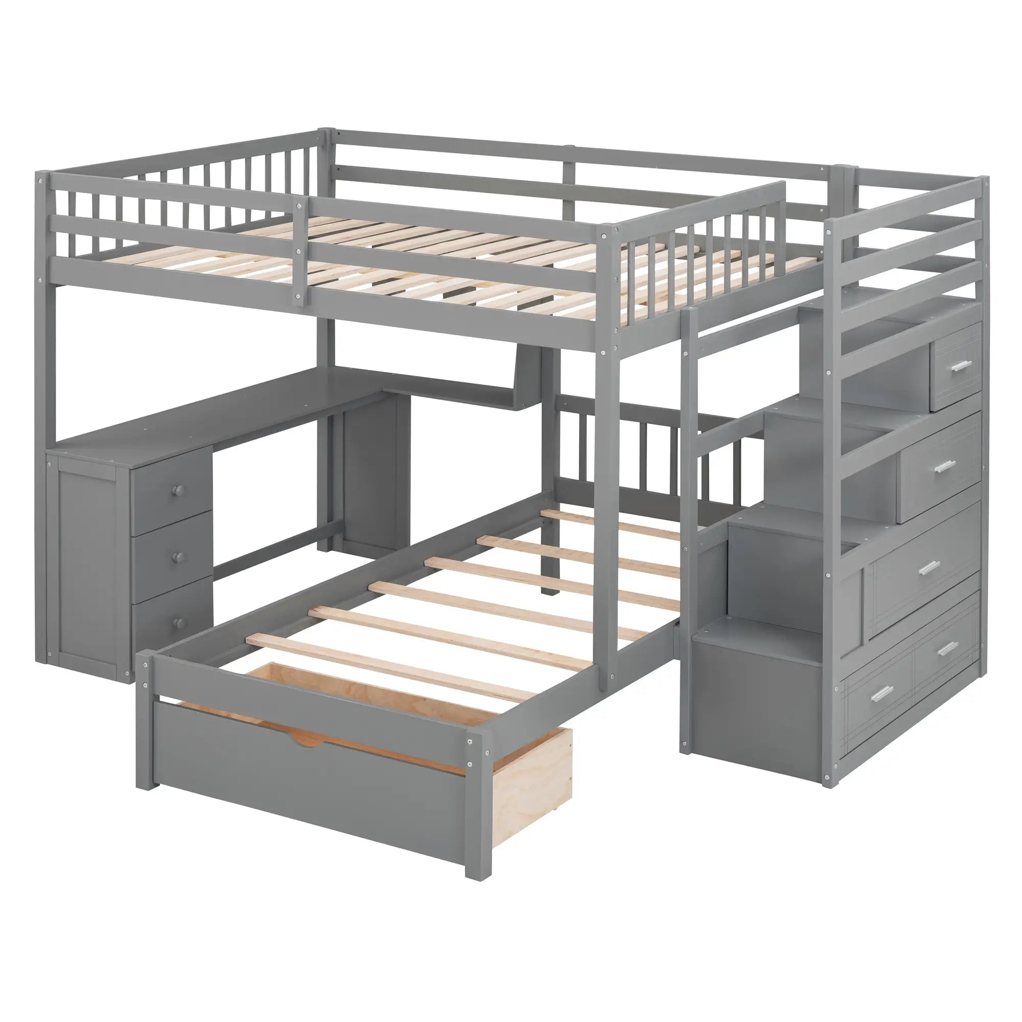 Over Twin Bunk Bed with Study Desk, Drawers, Shelves, 98
