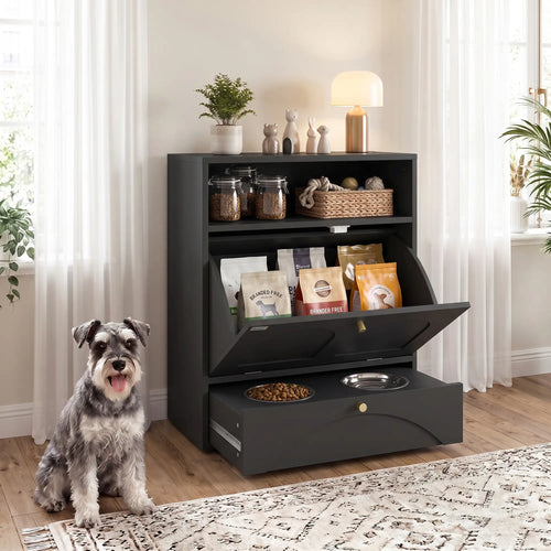 Dog Feeding Station, Food Storage Cabinet, 2 Elevated Bowls, Black