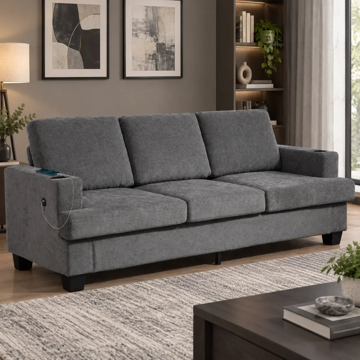 3 Seater Sofa with USB Ports, Cup Holders, Chenille Upholstery, Grey 3-Seater Sofas at Gallery Canada