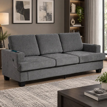 3 Seater Sofa with USB Ports, Cup Holders, Chenille Upholstery, Grey 3-Seater Sofas at Gallery Canada