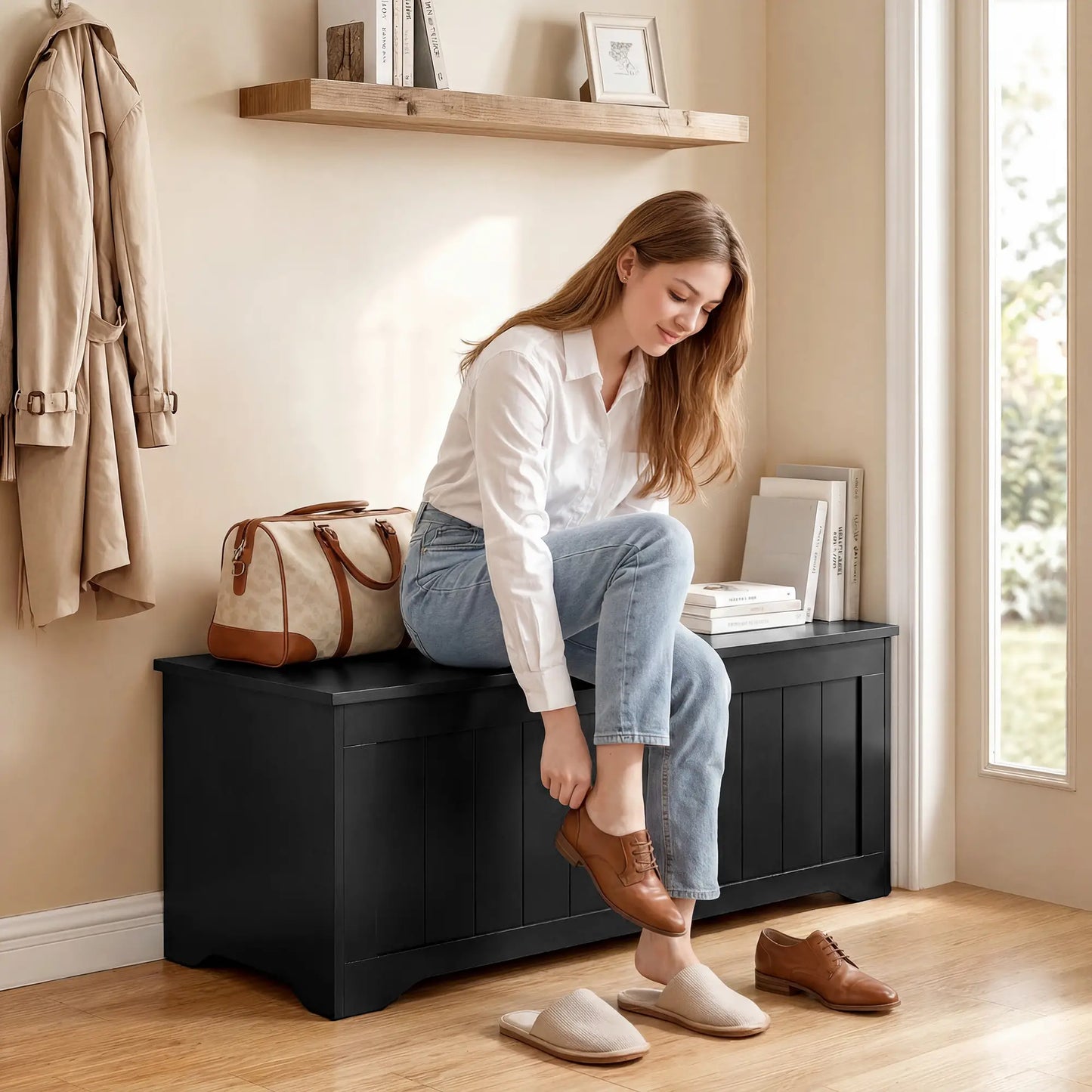 Storage Bench with Lift Top Storage Chest with Safety Hinges for Entryway, Living Room, Black Storage Cabinets at Gallery Canada