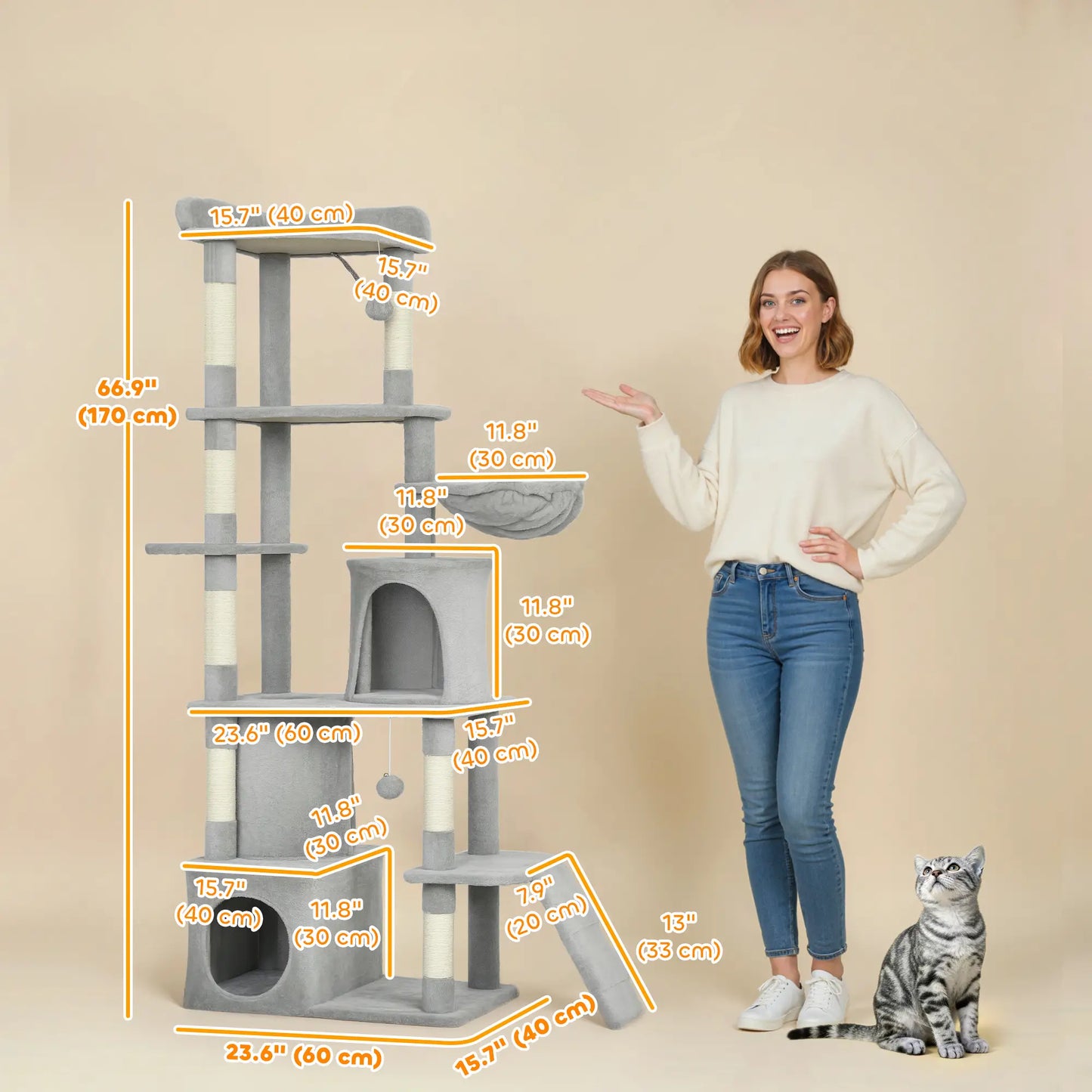 67" Large Cat Tree with 7 Scratching Posts, Tunnel, 2 Condos, Hammock, Perch, Ramp, Pompoms, Light Grey Multi-Level Cat Towers at Gallery Canada