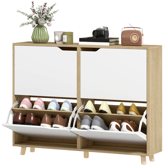 Narrow Shoe Cabinet, 4 Flip Drawers, Adjustable Shelves, Natural Shoe Storage Cabinets & Racks Natural Wood, White at Gallery Canada