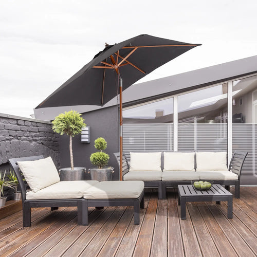 6.6x5ft Square Market Parasol, Wooden Patio Umbrella, Tilt Mechanism, 6 Bamboo Ribs, Dark Grey