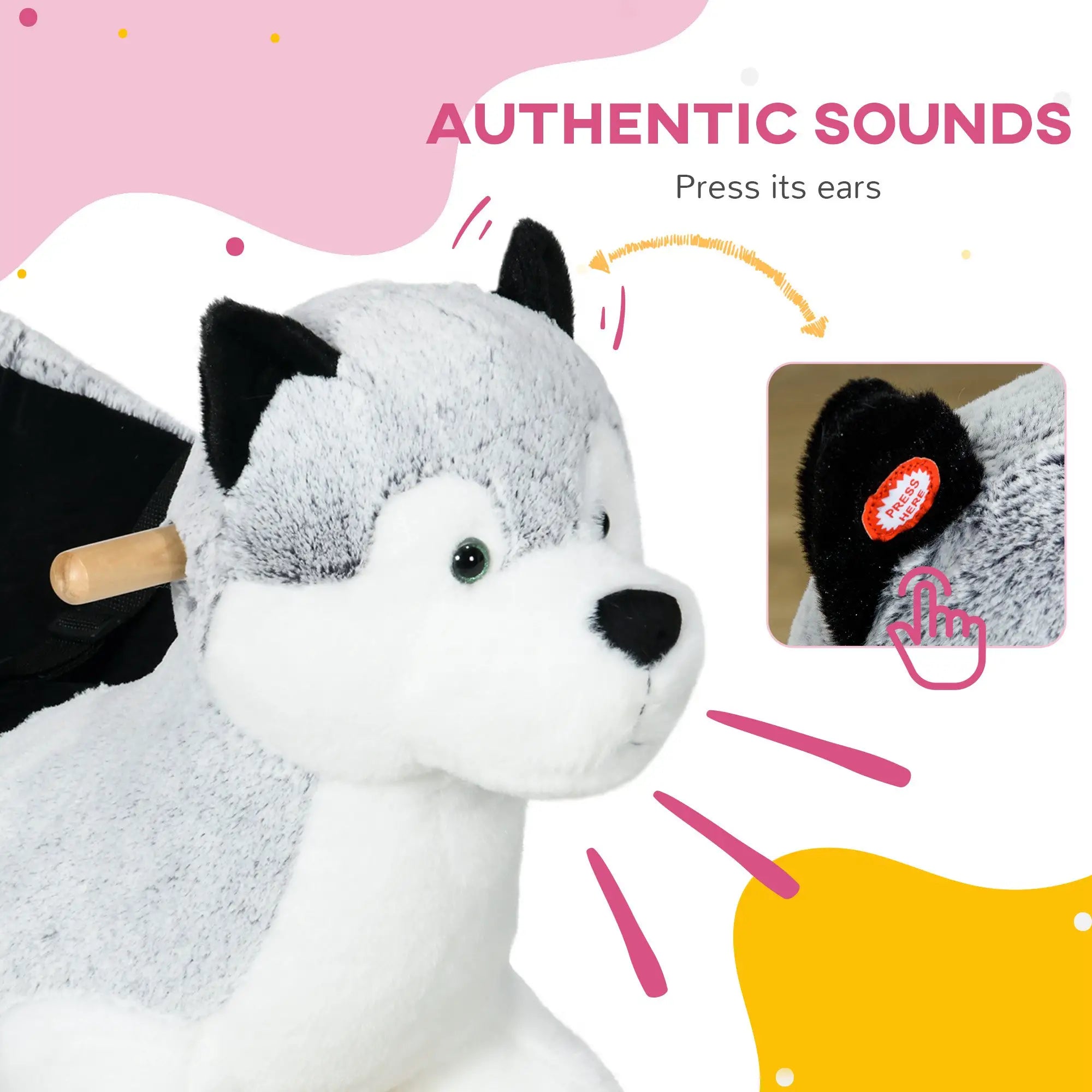 Kids Rocking Horse, Husky Plush Ride on Toy, Wooden Base, Seat Belt, 18-36 Months, Grey Rocking Horses at Gallery Canada