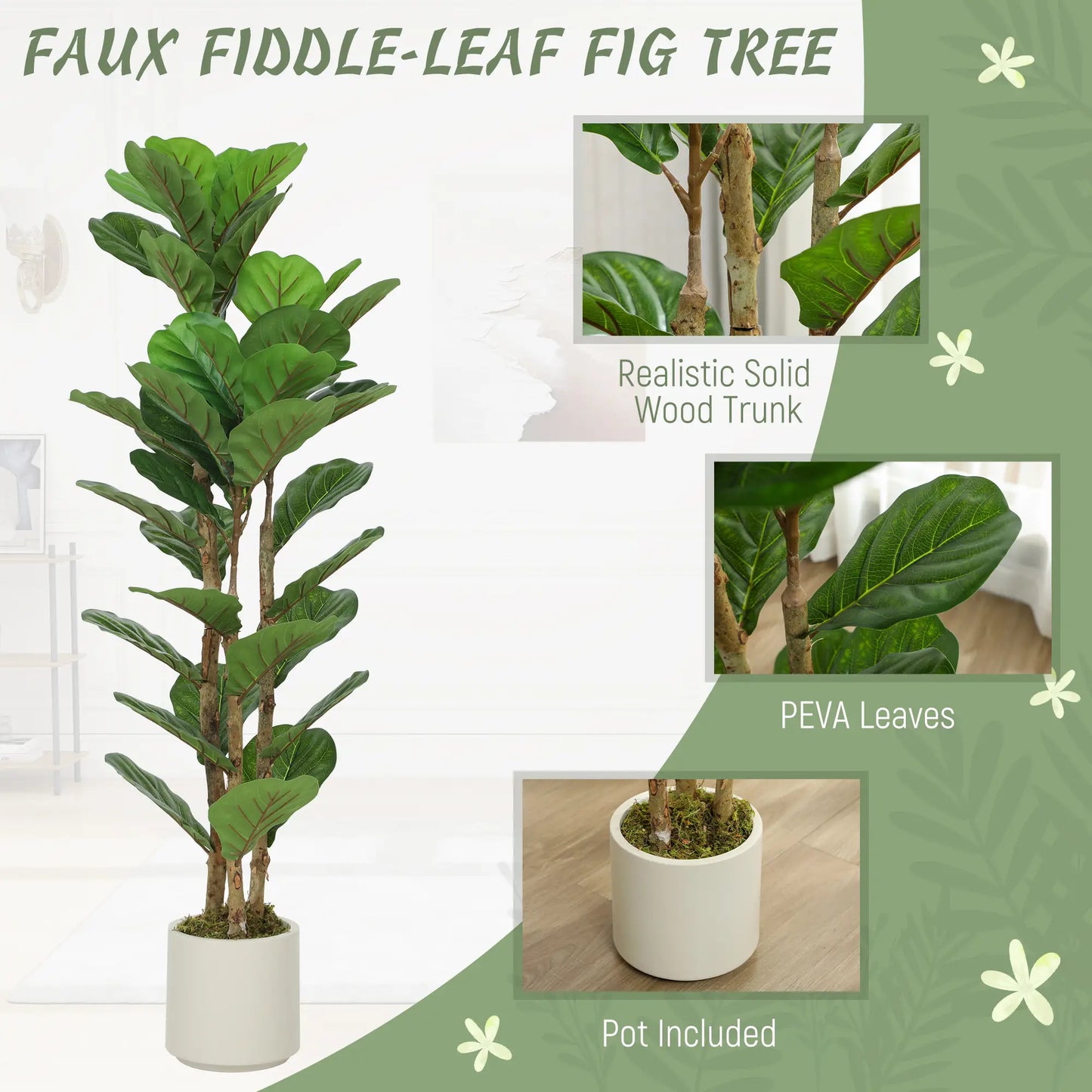 4FT Artificial Fiddle Leaf Fig Tree Set Of 2, Fake Potted Tree With Solid Wood Trunks, Green Artificial Trees at Gallery Canada