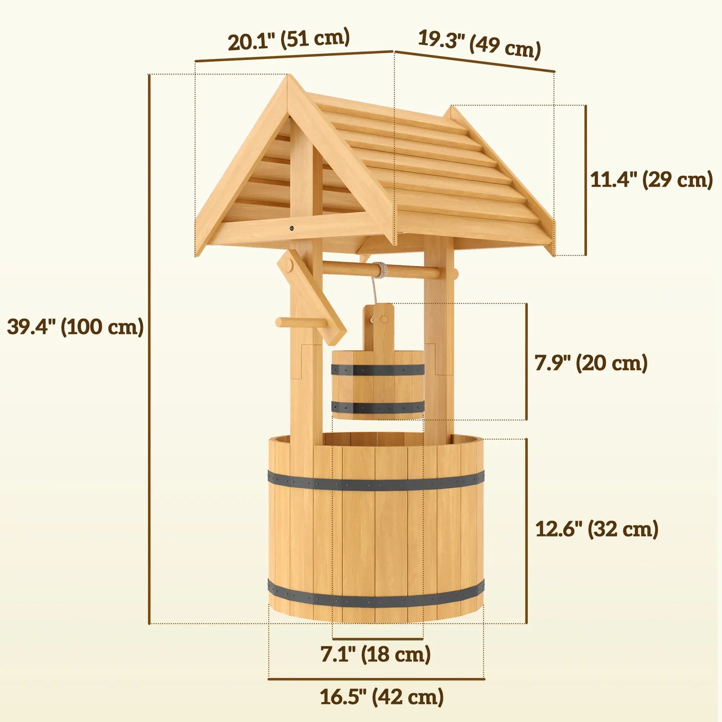 Wood Wishing Well Planter, Hanging Bucket, Drainage Hole, Orange Garden Decor at Gallery Canada