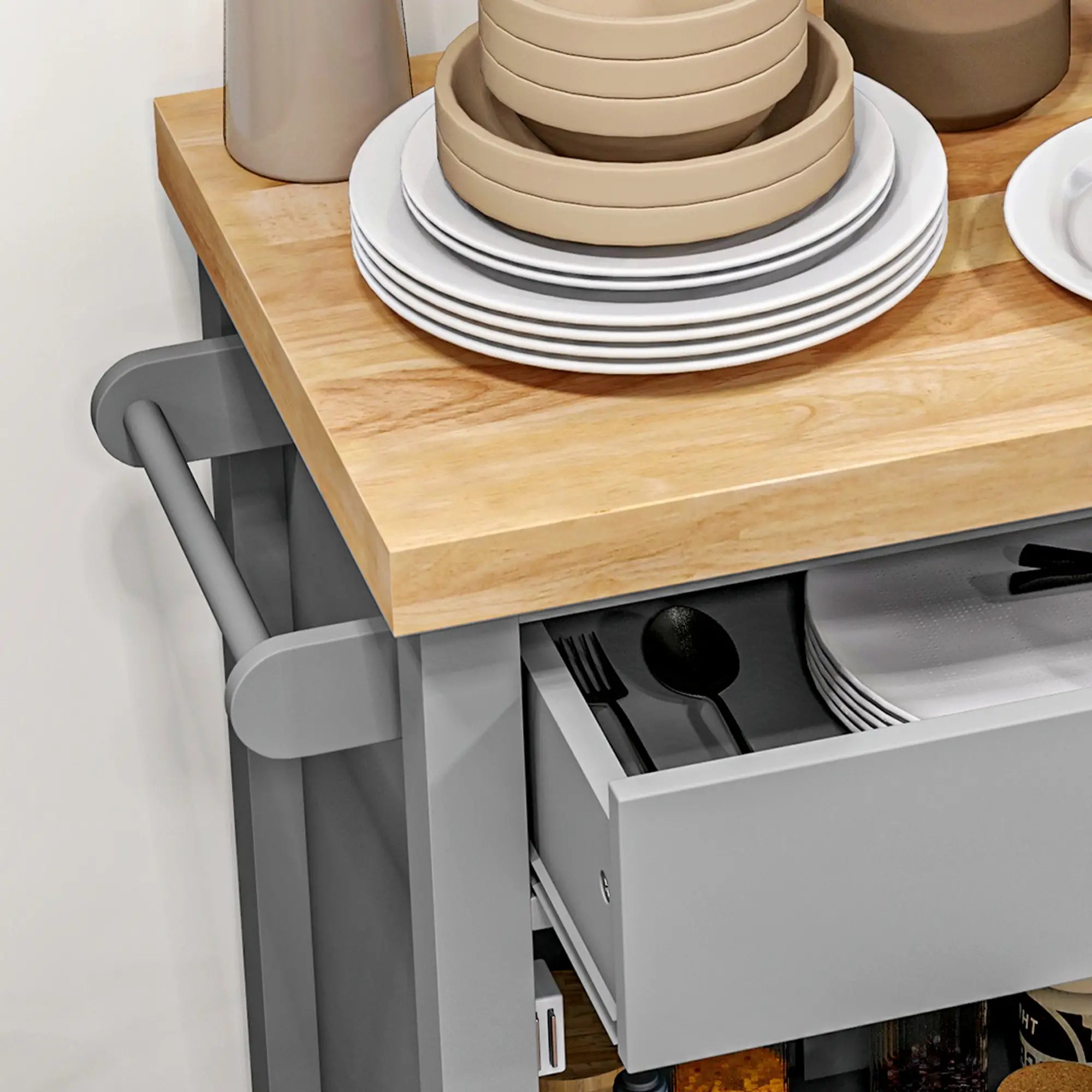 Kitchen Cart on Wheels, Wood Top, Towel Rack, Drawer, Shelf, Grey Kitchen Islands & Kitchen Carts at Gallery Canada