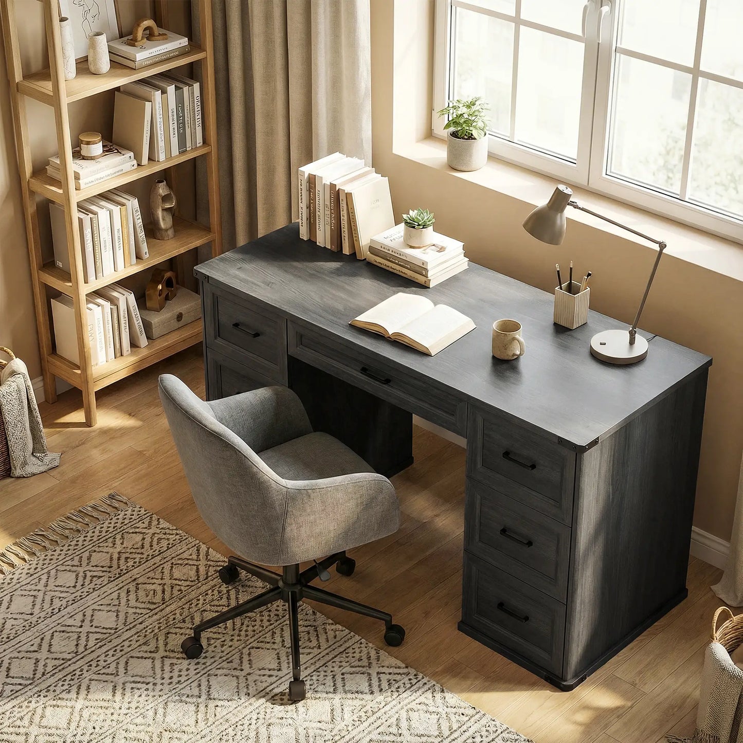 55" Computer Desk With 7 Drawers, Farmhouse Executive Desk, Black Wood Grain, Black Computer Desks at Gallery Canada