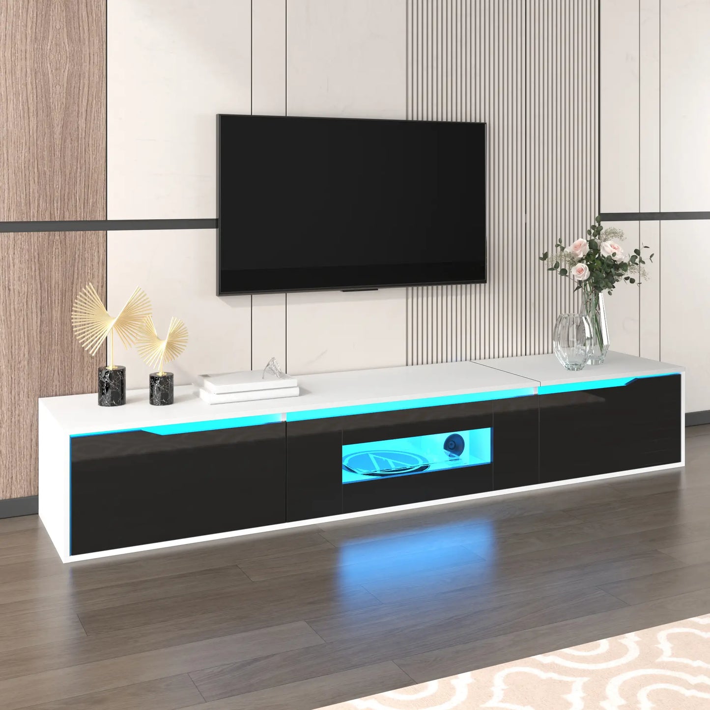 TV Stand With LED Lighting, 71" L x 12" W x 12" H, Black+White TV Stands at Gallery Canada