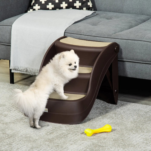 Portable Pet Stairs, Foldable 3-Step for Small Dogs Cats, Non-Slip Treads, Brown