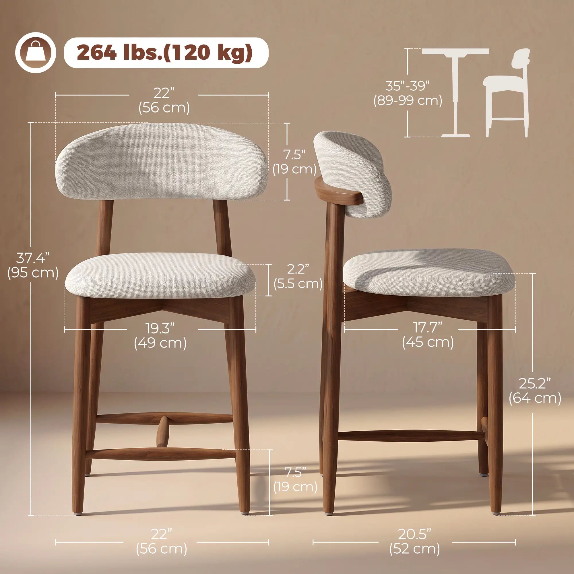 Bar Stools Set Of 2, Cream White, Curved Back Counter Height Bar Stools at Gallery Canada