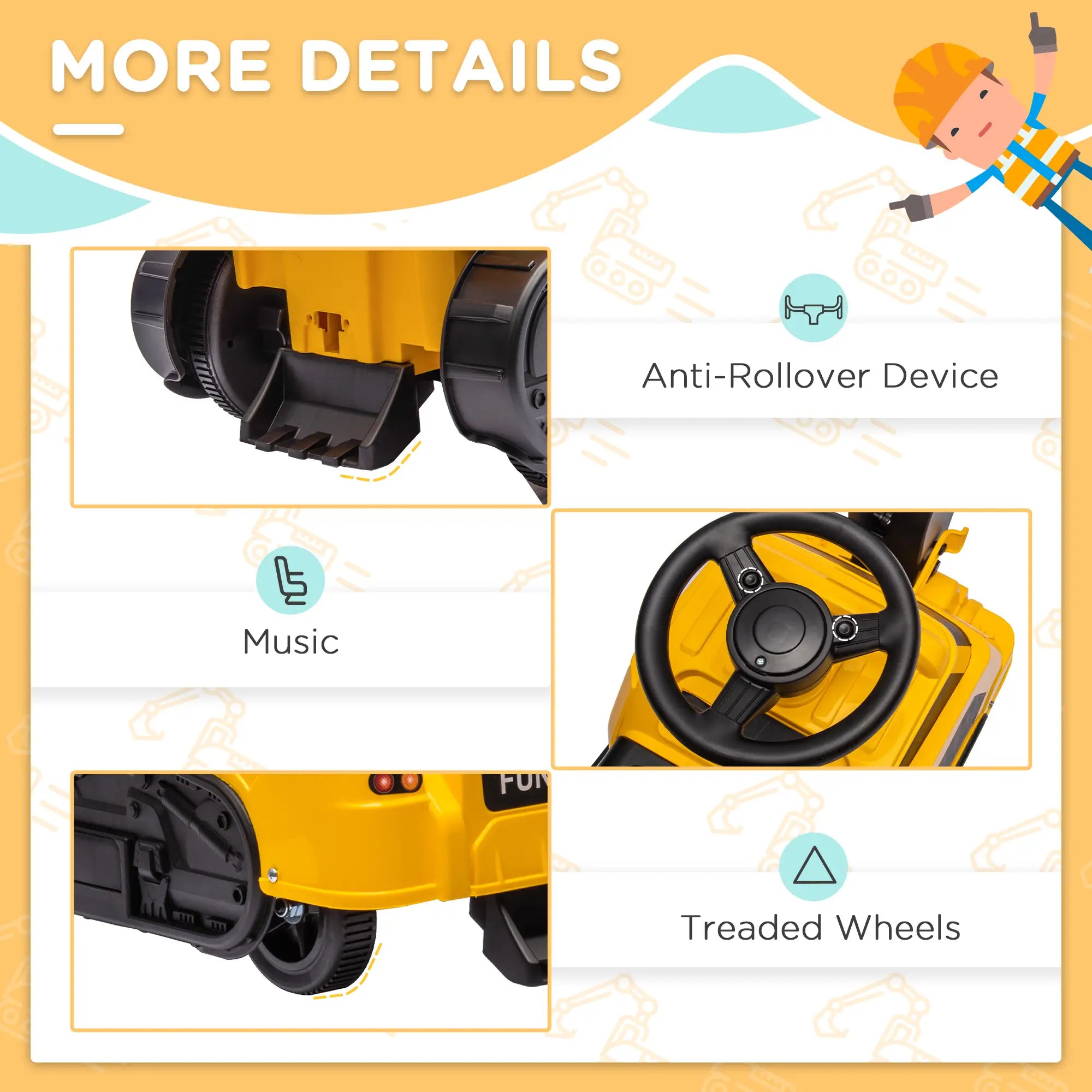 3 in 1 Ride on Excavator, Bulldozer, Road Roller, No Power, Yellow Toy Excavators at Gallery Canada